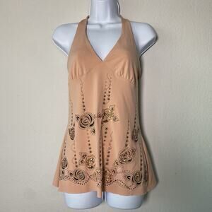 Vintage Peach Halter Top Medium Embellished Y2K Summer Boho Casual Flowy Babydol